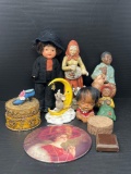 Figures, Amish Doll, Lidded Box, 2 Wooden Stands and Plaque with Woman