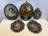 3 Ornately Framed Floral Still Lifes, Framed Dried Floral Arrangement, Framed Portrait of Woman