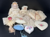2 Porcelain Baby Dolls and Throw Pillow & Sachets