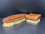 Wooden Scrub Brush and Leather Topped Brush with Manicure Set Inside