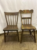 2 Wooden Side Chairs- 1/2 Spindle with Paint Decoration