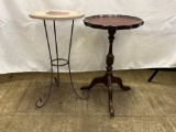 Two 3-Footed Tables- One has Apple Top, Other Has Leatherette Top with Piecrust Edging