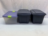 2 Blue Rubbermaid Totes with Lids and Clear Tote with Blue Lid