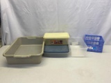 Gray Plastic Dishpan, Blue Mini Milk Crate, Plastic Shoe Box (No Lid) and 2 Food Storage Containers