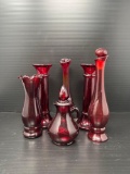 Red Glass Vases and Lidded Cruet and Decanter
