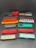 12 Train Cars- Flatbeds, Box Car, Crane, Etc.