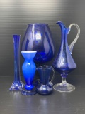 Blue Glass Vases, Ewer and Small Creamer