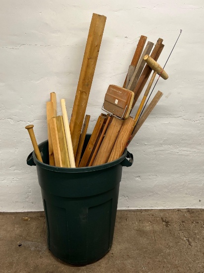 Rubbermaid Trash Can with Bat, Sweeper, Croquet Mallet, Fishing Rod and Wood Pieces