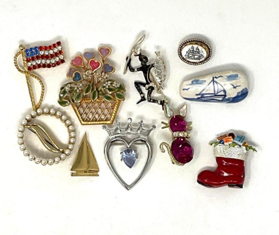 Ten brooches, various styles