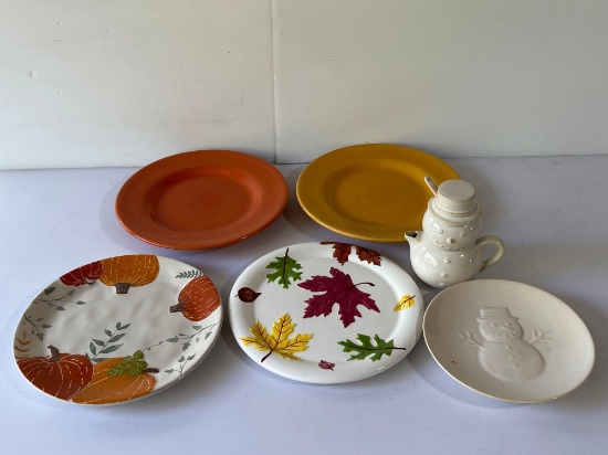 4 Fall Plates, Winter Plate and Snowman Teapot