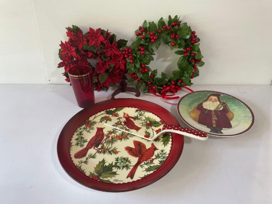 2 Wreaths, Cardinal Plate with Cake Knife, Santa Plate, Red Glass with Gold Lines