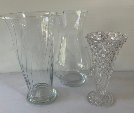 3 Clear Glass Vases
