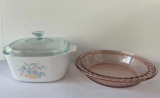 Anchor Hocking Pink Depression Pie Plate and Lidded Casserole
