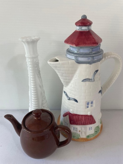 2 Teapots- Small Redware and Tall Lighthouse and Milk Glass Bud Vase