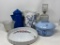 Blue Enamelware Coffee Pot, Quiche Dish, Glass Decanter, Lidded Casserole, Blue & White Pitcher