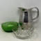 Green Glass and Fostoria Type Bowls, Metal PItcher