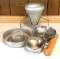 Vintage Kitchen Lot: Food Mill with Wooden Masher, Steamer Basket, Metal Funnel and Other Pan
