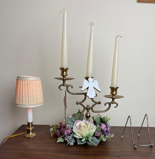 Small Brass Base Candlestick Lamp with Shade, Candelabra with Artificial Flowers, Angel Figures