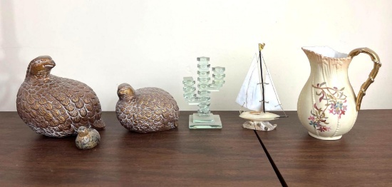 3 Brass Quail Figures, Glass Cactus, Shell Ship and China PItcher