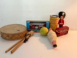 TomTom & Drumsticks, Kite String, Fire Truck in Box, Tennis Ball, Double Decker Bus, Beefeater Doll