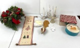 Artificial Christmas Arrangement, Stitched Bell Pull, Electric Candles, Angels, 2 Decorative Tins