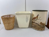 3 Waste Cans- One Plastic, One Woven, One Metal with Quails