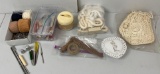 Sewing Accessories- Hem Guide, Tools, Thimble, Threads, Crocheted Bag, Cording, Lidded Heart Box