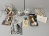 Sewing Notions- Scissors, Tubing Turner, Needles, Edging, 2 Ceramic Potpourri Holders
