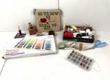Sewing Items- Threads, Scissors, Cross-stitched Sign, Measuring Tape, Pin Cushion with Pins, More