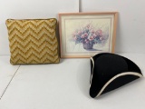 Needlework Pillow, Framed Floral Print and Tricorn Hat