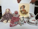 2 Handmade Dolls, Beaded Rockwell Print, Miniature Pitcher & Bowl, Floral Cat Figure