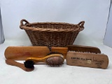Small Wicker Double Handled Basket and Lot of Brushes