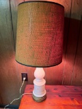 Milk Glass Base Table Lamp with Burlap Barrel Shade