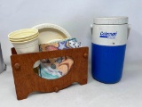 Coleman Drink Cooler, Paper Plates & Cups in Wooden Holder with Tablecloth