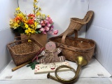 Artificial Flowers, Wicker Basket & Cornucopia, Brass Horn, Gingerbread Man Sign, Etc.