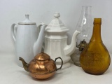 2 Coffee Pots (One is Ironstone), Turkish Copper Tea Pot, Glass Oil Lamp and Amber Glass Bottle
