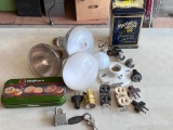 Light Bulbs, Electrical Outlets, Padlock w/ Key, 2 Lidded Tins