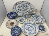 Assortment of Blue & White Dishes, Platters, Bowls, Gravy Boat, More