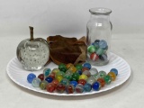Vintage Marbles with Pouch and Small Glass Jar and Glass Apple Paperweight