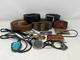 Leather Belts, Belt Buckles and Bolo Ties- One with Turquoise, One with Coin