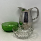 Green Glass and Fostoria Type Bowls, Metal PItcher