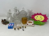 Glass Vinegar Cruets, Lidded Candy Dish, Vase, Light Bulbs, Candle Holders, Small Figures, More