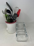 Kitchen Utensils in Holder and 3-Well Glass Dish