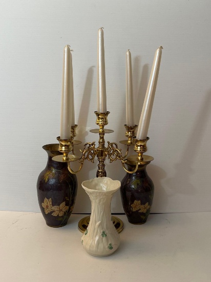 Pair of Matching Brass Etched & Painted Vases, Belleek Vase and Baldwin Brass Candelabra