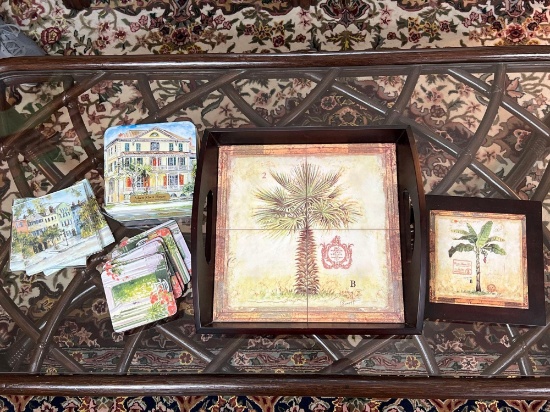 Palm Tree Tray and Trivet and Coasters Lot