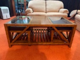 Slat Wood and Glass Coffee Table with Stored/Nested Stools