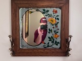 Floral Motif Oak Framed Mirror with Coat Hooks and Artificial Flowers in Vase