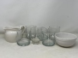 Ironstone Creamer, White Bowl and 5 Clear Glasses