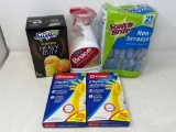 Hardwood Cleaner, Scotch Brite Scrub Pads, Rubber Gloves, Swiffer Dusters