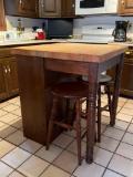 Kitchen Island with Butcher Block Top and 2 Stools